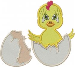 Cartoonish yellow chick with big eyes emerging from a cracked eggshell, perfect for Easter projects.