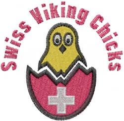 Cheerful yellow chick hatching from a pink eggshell with a Swiss cross, perfect for playful Easter decor.