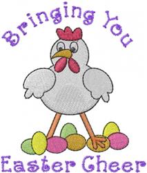 Cheerful chicken on colorful pastel Easter eggs, with text 'Bringing You Easter Cheer', festive design.