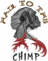 Realistic chimp face in gray tones surrounded by bold red claw graphics and the text 'HAIL TO THE CHIMP'.