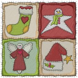 Quilting patchwork design with vibrant holiday motifs featuring a green stocking, star, snowman, angel, and Santa hat for Chr