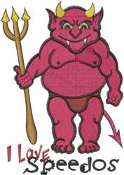 Cartoon chubby devil with pink skin in a brown Speedo, holding a pitchfork, and text 'I love Speedos' perfect for summer.