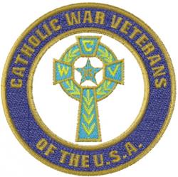 Circular patch with a bold cross design, vibrant blue and green colors, and yellow text for 'CATHOLIC WAR VETERANS'.