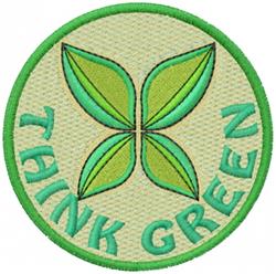 Circular patch with vibrant green leaves and 'THINK GREEN' text on a light beige background, eco-friendly theme.