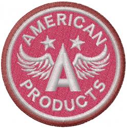 Circular patch featuring a bold letter 'A' with wings and stars on a vibrant pink background.