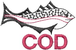 Stylized cod fish in black and red with detailed body and bold 'COD' text below, perfect for kitchen towels.