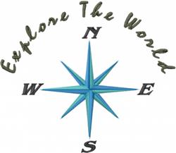 Blue compass rose with cardinal directions and 'Explore The World' text, modern travel theme.