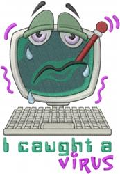 Cartoon computer with a sad face and thermometer, showing illness humorously. Playful design.