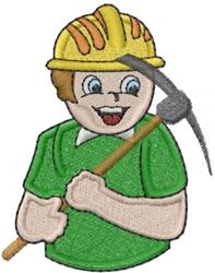 Cheerful boy in a yellow hard hat holding a pickaxe, wearing a green shirt in a playful cartoon style.