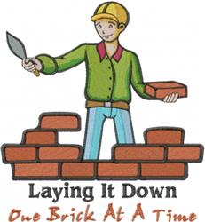 Cartoon male construction worker with a yellow hard hat and green shirt, holding a trowel and brick, with a vibrant 'Laying I