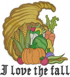 Cornucopia filled with vibrant pumpkins and vegetables, featuring 'I Love the Fall' text, perfect for autumn décor.