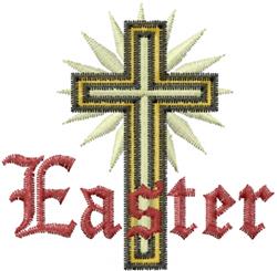 Traditional cross with black outline and green edges, radiant sunburst background, and 'Easter' in bold red.
