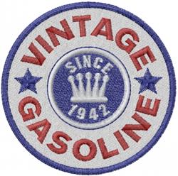 Vintage patch featuring a circular design with a crown icon, 'VINTAGE' on top, and 'GASOLINE' below.
