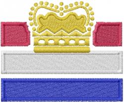Bright yellow crown adorned with dots, flanked by red rectangles, with white and blue rectangles below. Fun and colorful desi