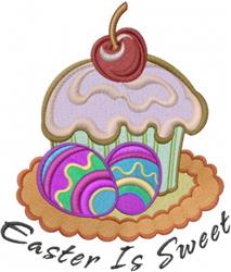 Playful cupcake topped with a cherry, surrounded by colorful Easter eggs, featuring 'Easter Is Sweet' text.
