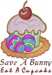 Playful cupcake with a cherry on top surrounded by colorful Easter eggs, perfect for festive embroidery.