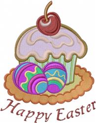 Playful cupcake topped with cherry and colorful Easter eggs, featuring 'Happy Easter' text below.