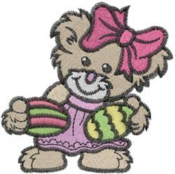 Cute bear in a dress with a pink bow holds colorful eggs, perfect for playful Easter embroidery.