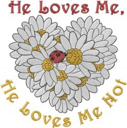 Whimsical daisies in heart shape with a red ladybug, featuring 'He Loves Me, He Loves Me Not' text, for spring.