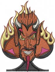 Stylized devil character with intense expression, surrounded by flames within a spade shape. Bold cartoon style.