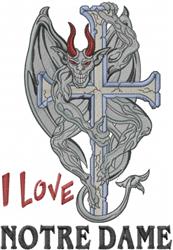 Gothic devil figure with horns and wings entwined around a bold greyscale cross, featuring 'I LOVE NOTRE DAME' text.