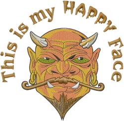 Cartoonish devil face with bold orange and yellow colors, green eyes, and playful text saying 'This is my HAPPY Face'.