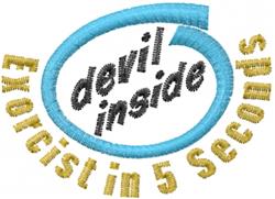 Playful 'devil inside' text in golden yellow, outlined in blue, with 'Exorcist in 5 Seconds' below, perfect for Halloween.