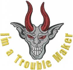 Playful cartoon devil character with gray body and red horns, grinning widely alongside bright yellow text, perfect for Hallo