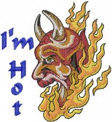 Fierce devil's head with curving horns, surrounded by bold red and orange flames, features 'I'm Hot' in blue.