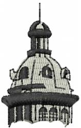 Realistic embroidery of a dome structure with ornate architectural details, small windows, and a finial in black and gray.