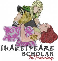 Whimsical embroidery featuring a blonde male and red-haired female in a dramatic pose, draped in colorful fabric.