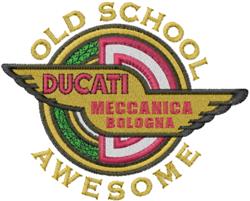 Ducati logo patch featuring bold red text with gold wings, retro design in vibrant green and pink backgrounds.