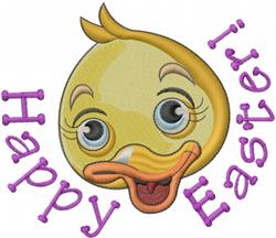 Playful cartoon duck with big blue eyes and a smile, surrounded by 'Happy Easter!' text in vibrant purple.