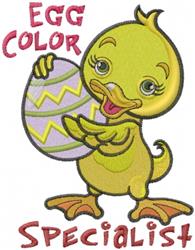 Playful yellow duckling holding a zigzag Easter egg, featuring bold text, perfect for festive machine embroidery.