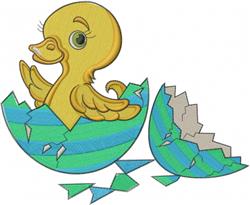 Playful yellow duckling in Applique style popping from a cracked blue and green striped egg, perfect for Easter.