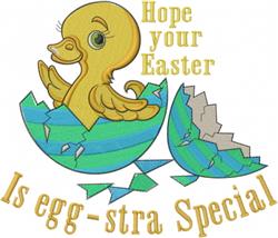 Playful duckling emerging from a cracked Easter egg with colorful stripes, perfect for festive spring decor.
