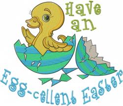 Cheerful yellow duckling emerging from a colorful broken egg shell. Playful cartoon style for Easter.