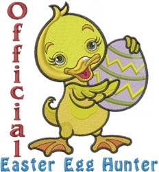 Cheerful duckling in a playful pose holding a decorated Easter egg, with vibrant text saying 'Official Easter Egg Hunter'.