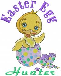 Playful yellow duckling emerging from a polka-dotted egg with vibrant 'Easter Egg Hunter' text, perfect for Easter.