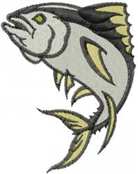 Applique fish leaping with vibrant gray and yellow colors, exaggerated fins and gills in a playful style.