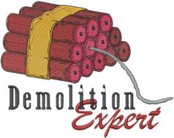 Dynamite bundles with bright red sticks tied with a yellow ribbon and playful 'Demolition Expert' text.