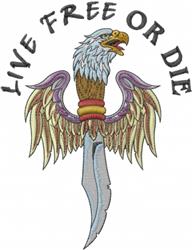 Bold eagle with outstretched wings and a golden beak atop a dagger, featuring the quote 'LIVE FREE OR DIE'.