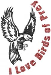 Bold eagle in flight with outstretched wings and fierce expression, 'I Love Birds of Prey' in red arcs around it.