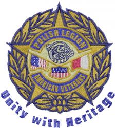 Detailed emblem featuring a gold badge, eagle, and United States and Poland flags, with blue text saying 'Unity with Heritage