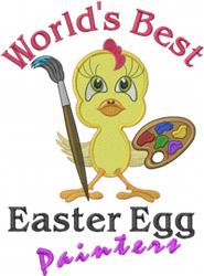 Cheerful yellow chick with a paintbrush and colorful palette in a playful pose, perfect for Easter festivities.