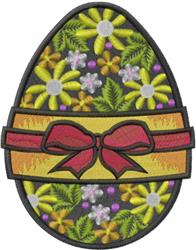 Colorful decorative egg with yellow, white, and purple flowers and a bold red ribbon. Perfect for festive Easter decor.