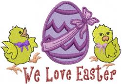 Colorful Easter egg with a ribbon, flanked by two cute chicks, featuring playful text below.