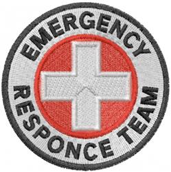 Emergency response patch with red cross center, bold black text, and white background, ideal for uniforms.