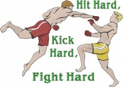 Energetic fighters in action, one in yellow shorts throwing a punch, the other in red shorts kicking, motivational text.