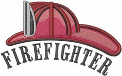 Cartoonish firefighter hat featuring a vibrant red color, shiny silver visor, and bold black 'FIREFIGHTER' text.